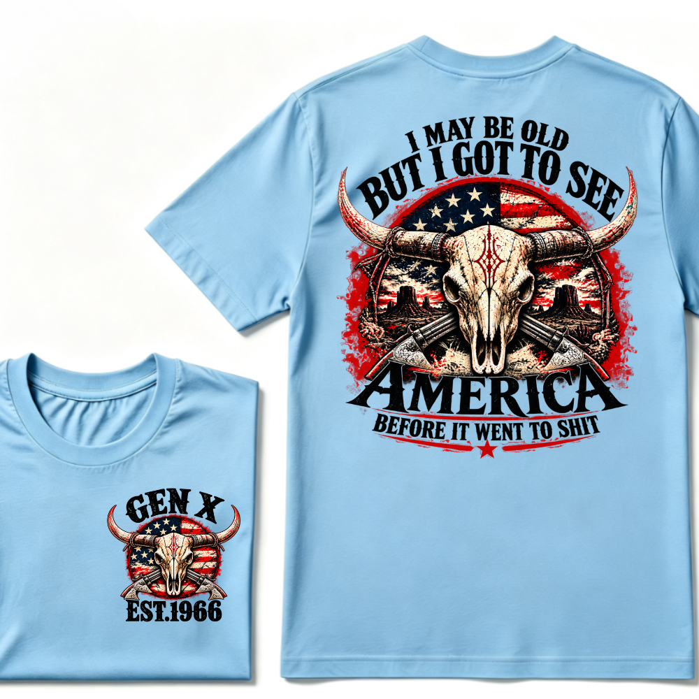 Gen X EST.Year I May Be Old But I Got To See America Longhorn Skull Western American Flag Graphic T-Shirt