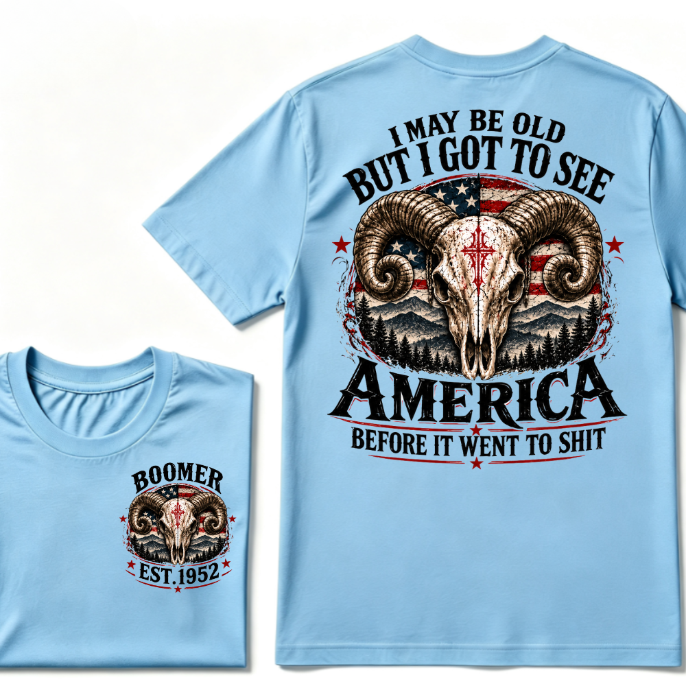 Boomer EST.Year Ram Skull American Flag I May Be Old But I Got To See America Vintage Graphic T-Shirt