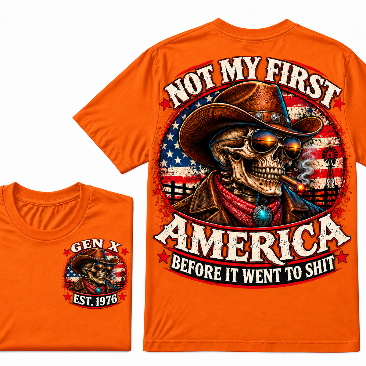 Cowboy Skull American Flag I May Be Old But I Got To See America Vintage Graphic T-Shirt Custom Year T-Shirt