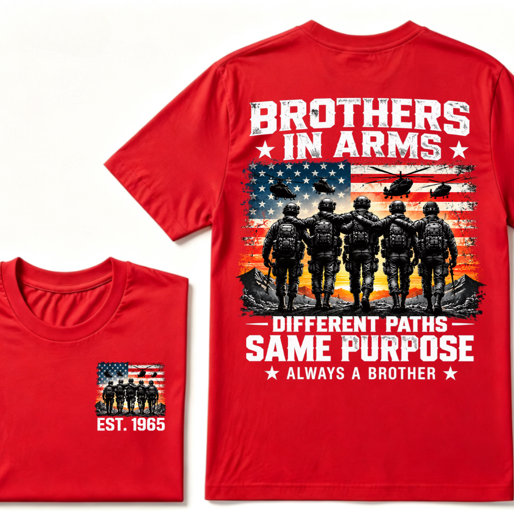 Custom Year Brothers In Arms Veteran Tee | US Soldiers USA Flag Helicopter Double Sided Print Mens Military Graphic T-Shirt