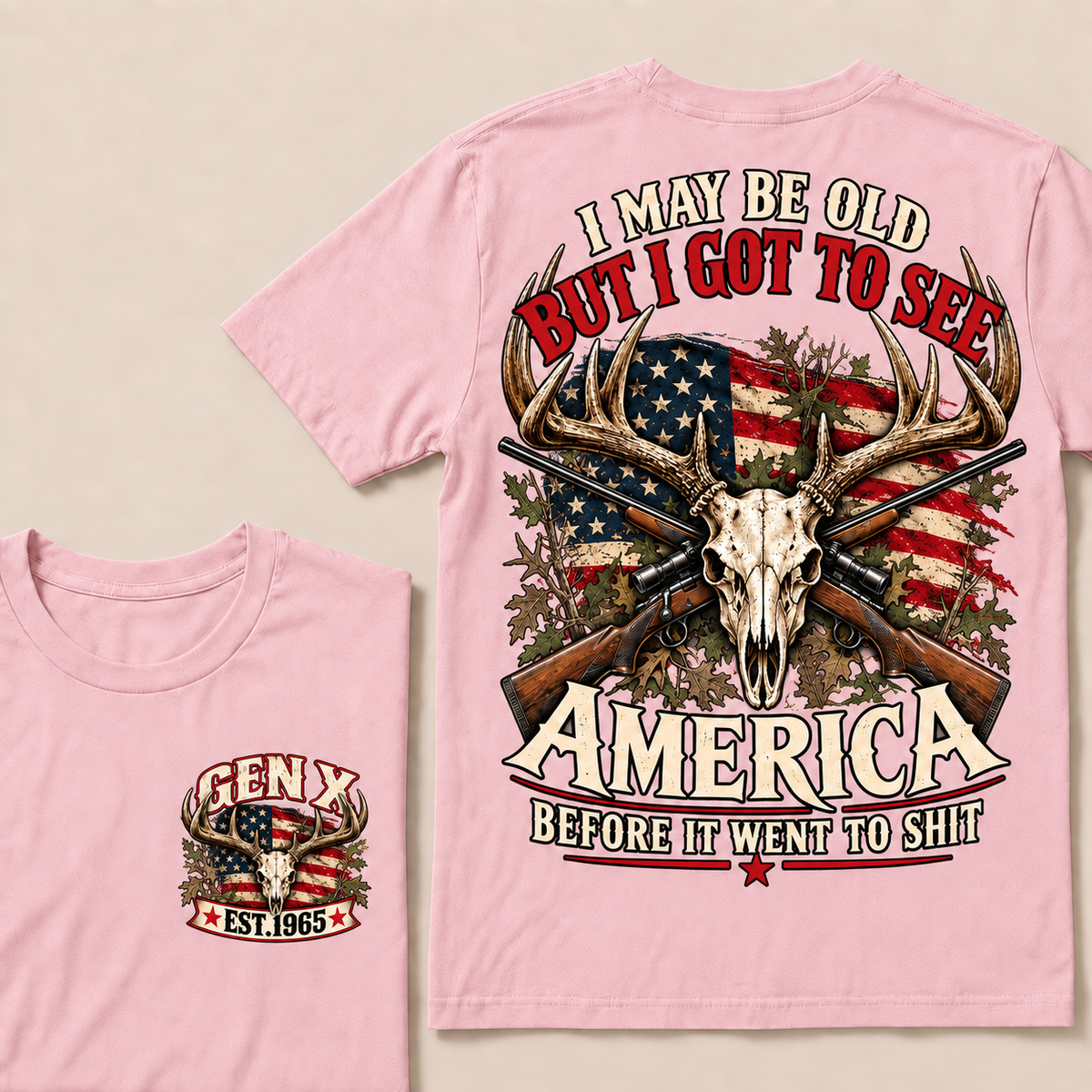 Funny Gen X Hunter T-Shirt, Vintage Deer Skull American Flag Tee, Retro 1965 Hunting Gift, Patriotic Hunter Shirt