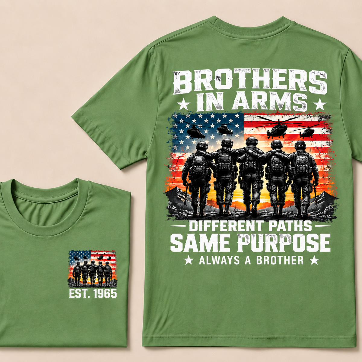 Custom Year Brothers In Arms Veteran Tee | US Soldiers USA Flag Helicopter Double Sided Print Mens Military Graphic T-Shirt