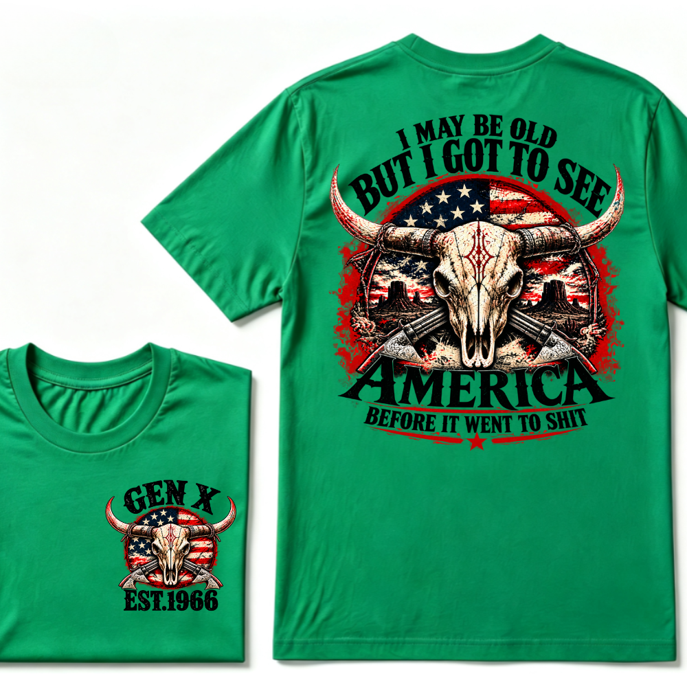 Gen X EST.Year I May Be Old But I Got To See America Longhorn Skull Western American Flag Graphic T-Shirt