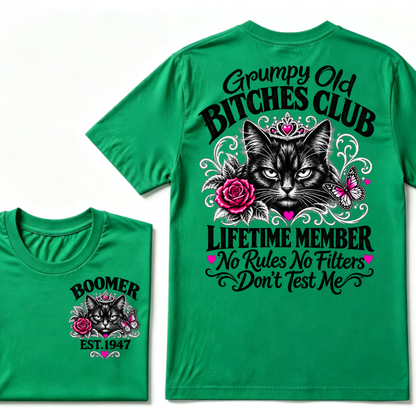 Boomer EST.Year Grumpy Old Club Crown Cat Rose Butterfly Sarcastic Graphic T-Shirt