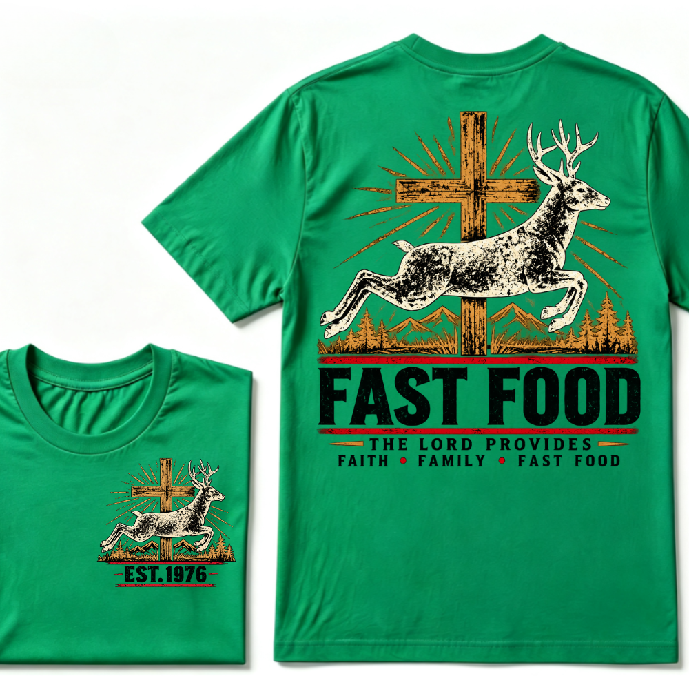 Faith Family Fast Food Deer Hunting T-Shirt, The Lord Provides Vintage Cross EST.Year Hunter Graphic Tee