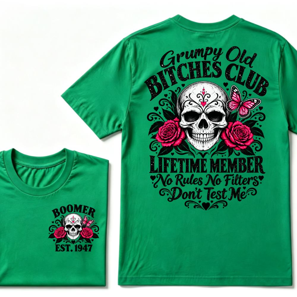 Boomer EST.Year Grumpy Old Club Sugar Skull Rose Butterfly Vintage Graphic T-Shirt