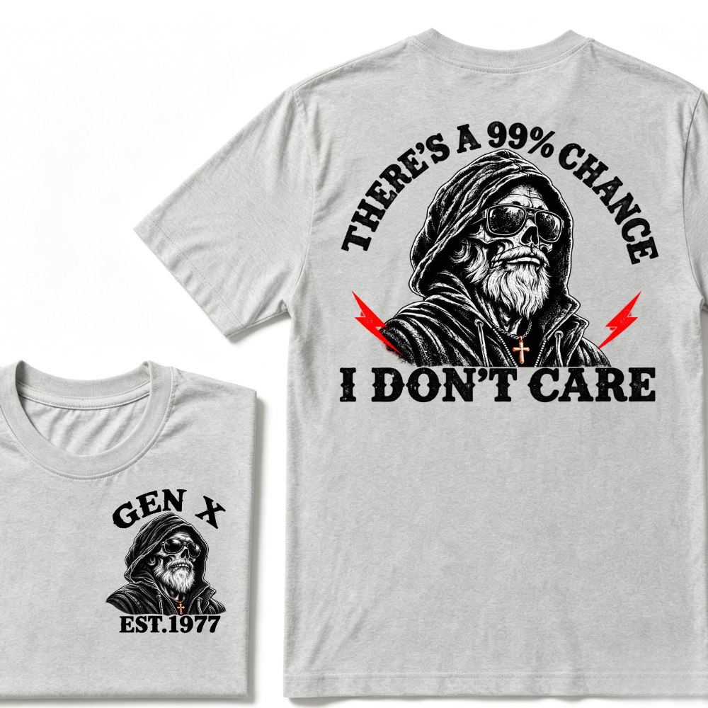 Gen X EST.Year There's A 99% Chance I Don't Care Bearded Skull Hooded Graphic T-Shirt