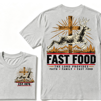 Faith Family Fast Food Deer Hunting T-Shirt, The Lord Provides Vintage Cross EST.Year Hunter Graphic Tee