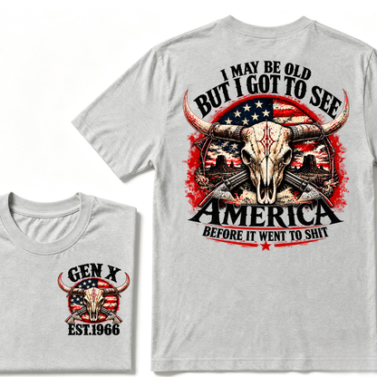 Gen X EST.Year I May Be Old But I Got To See America Longhorn Skull Western American Flag Graphic T-Shirt