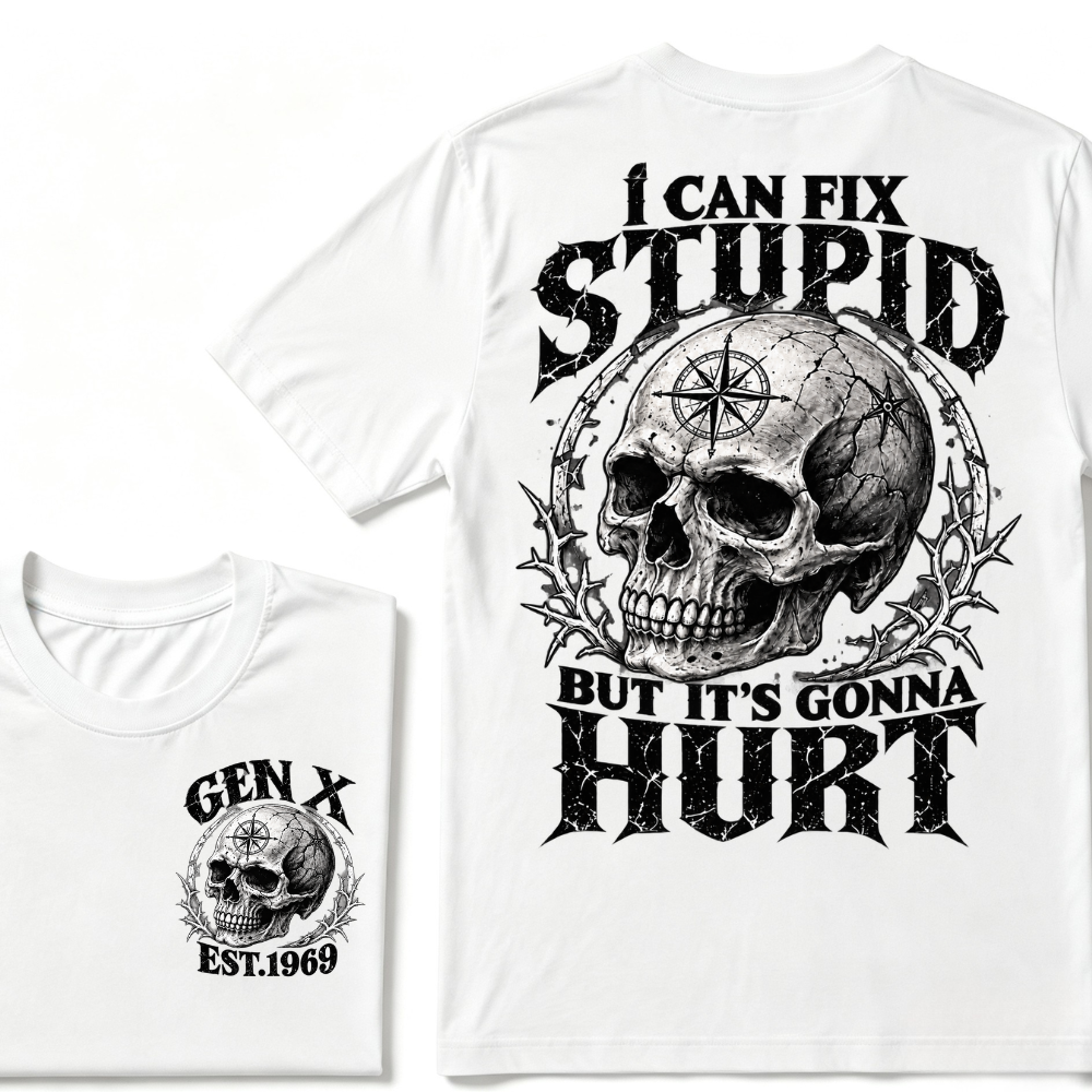 Gen X EST.Year Skull Compass I Can Fix Stupid But It's Gonna Hurt Vintage Graphic T-Shirt
