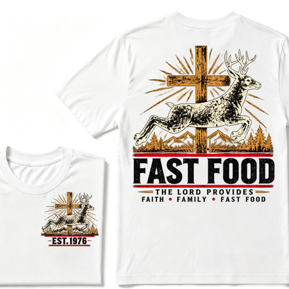Faith Family Fast Food Deer Hunting T-Shirt, The Lord Provides Vintage Cross EST.Year Hunter Graphic Tee