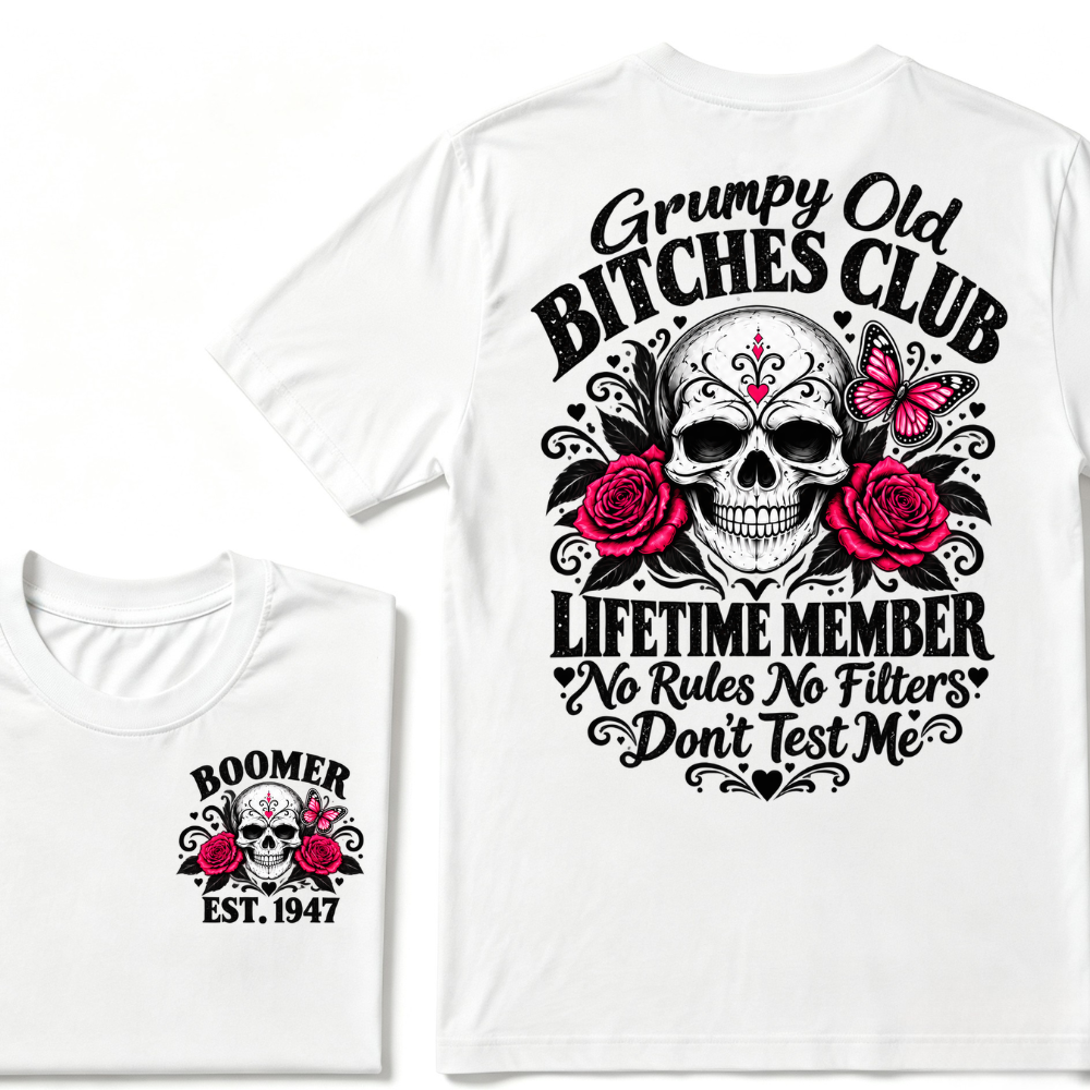 Boomer EST.Year Grumpy Old Club Sugar Skull Rose Butterfly Vintage Graphic T-Shirt