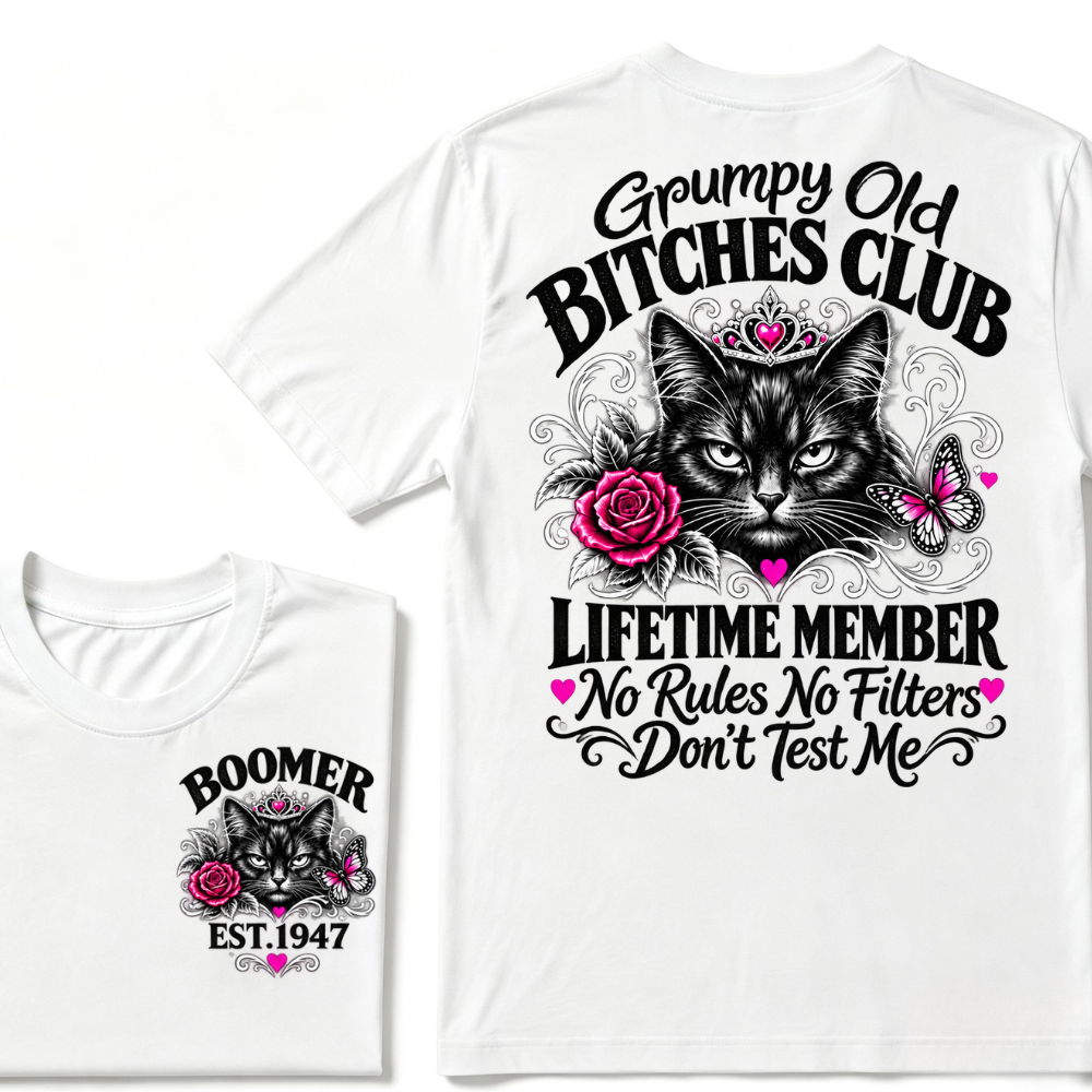 Boomer EST.Year Grumpy Old Club Crown Cat Rose Butterfly Sarcastic Graphic T-Shirt