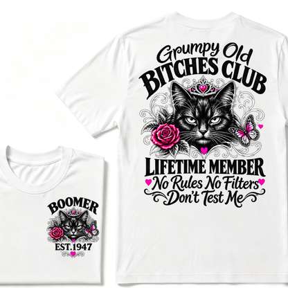 Boomer EST.Year Grumpy Old Club Crown Cat Rose Butterfly Sarcastic Graphic T-Shirt