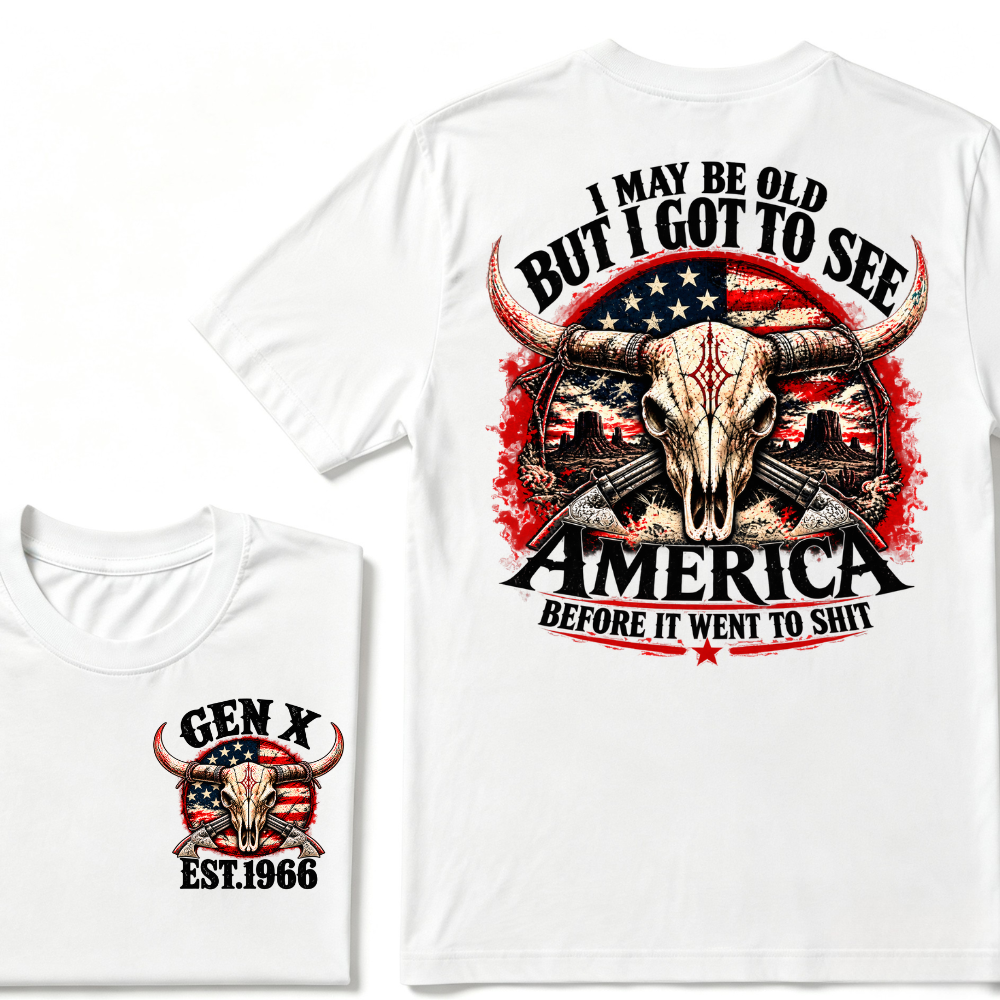 Gen X EST.Year I May Be Old But I Got To See America Longhorn Skull Western American Flag Graphic T-Shirt