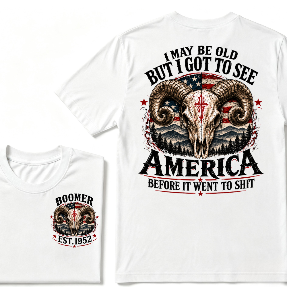 Boomer EST.Year Ram Skull American Flag I May Be Old But I Got To See America Vintage Graphic T-Shirt