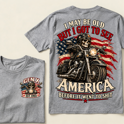 Funny Gen X Biker T-Shirt, Vintage Motorcycle Skull American Flag Tee, Retro 1965 Gen X Gift, Patriotic Biker Shirt