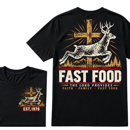 Faith Family Fast Food Deer Hunting T-Shirt, The Lord Provides Vintage Cross EST.Year Hunter Graphic Tee