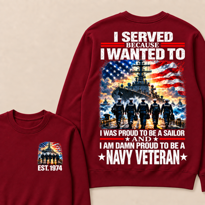 I Served Because I Wanted To I Was Proud To Be A Sailor And I Am Damn Proud To Be A Navy Veteran Custom Year Crewneck Sweatshirt