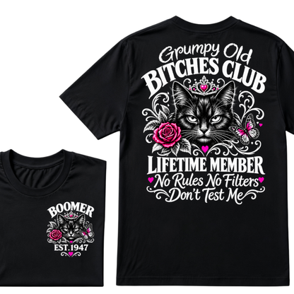 Boomer EST.Year Grumpy Old Club Crown Cat Rose Butterfly Sarcastic Graphic T-Shirt
