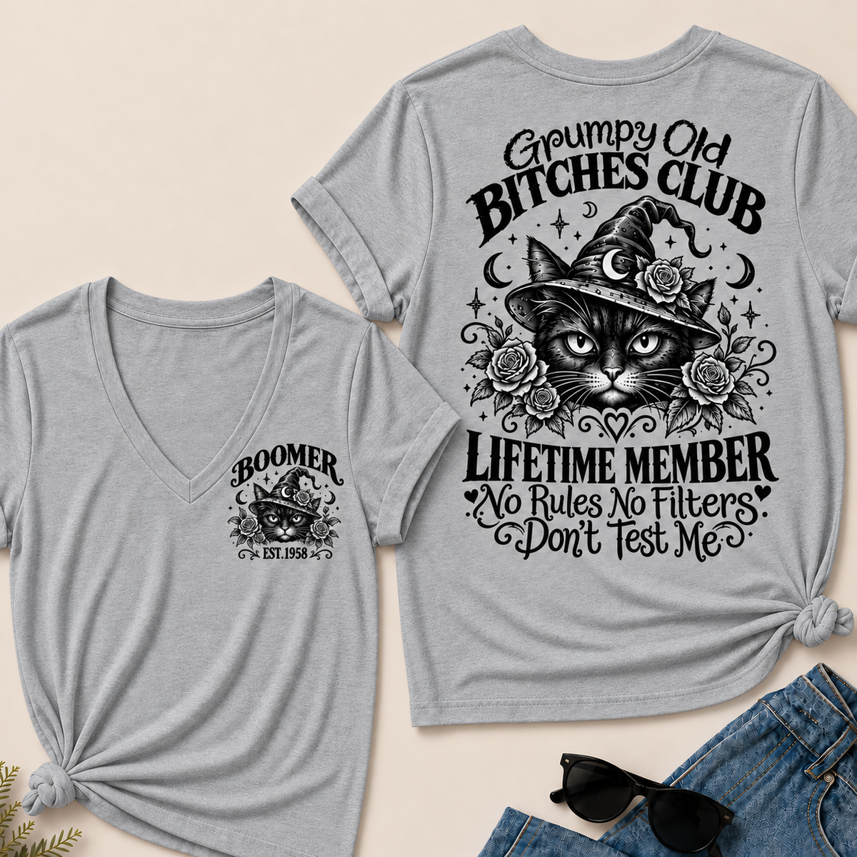 Grumpy Old Bitches Club Lifetime Member Don't Try Me Custom Your Year  V‑Neck T‑Shirt