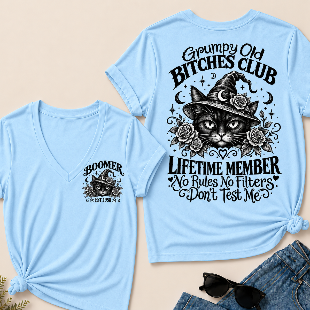 Grumpy Old Bitches Club Lifetime Member Don't Try Me Custom Your Year  V‑Neck T‑Shirt