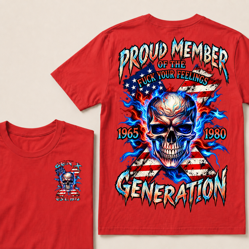 Gen X EST.Year Proud Member Of The Generation Fire Skull American Flag X Graphic T-Shirt