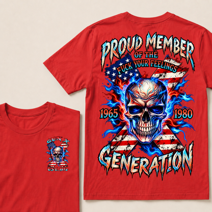 Gen X EST.Year Proud Member Of The Generation Fire Skull American Flag X Graphic T-Shirt