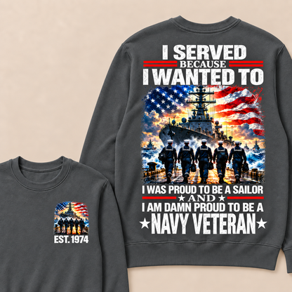 I Served Because I Wanted To I Was Proud To Be A Sailor And I Am Damn Proud To Be A Navy Veteran Custom Year Crewneck Sweatshirt