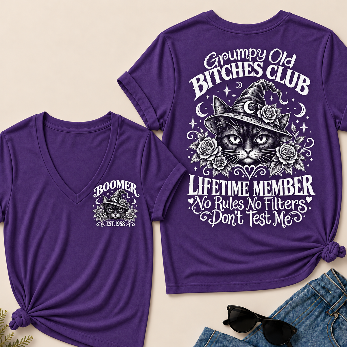 Grumpy Old Bitches Club Lifetime Member Don't Try Me Custom Your Year  V‑Neck T‑Shirt