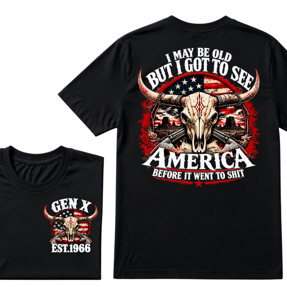 Gen X EST.Year I May Be Old But I Got To See America Longhorn Skull Western American Flag Graphic T-Shirt