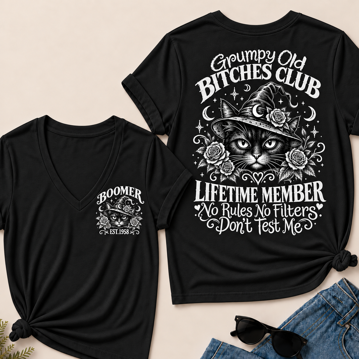 Grumpy Old Bitches Club Lifetime Member Don't Try Me Custom Your Year  V‑Neck T‑Shirt