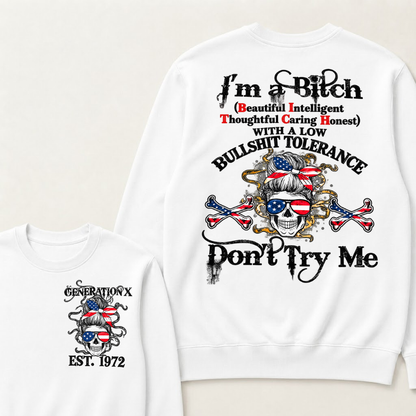 Gen X EST.Year Messy Bun American Flag Skull Low Tolerance Sarcastic Graphic Crewneck Sweatshirt