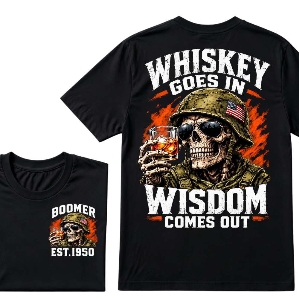 Boomer EST.Year Soldier Skull Whiskey Goes In Wisdom Comes Out American Flag Graphic T-Shirt