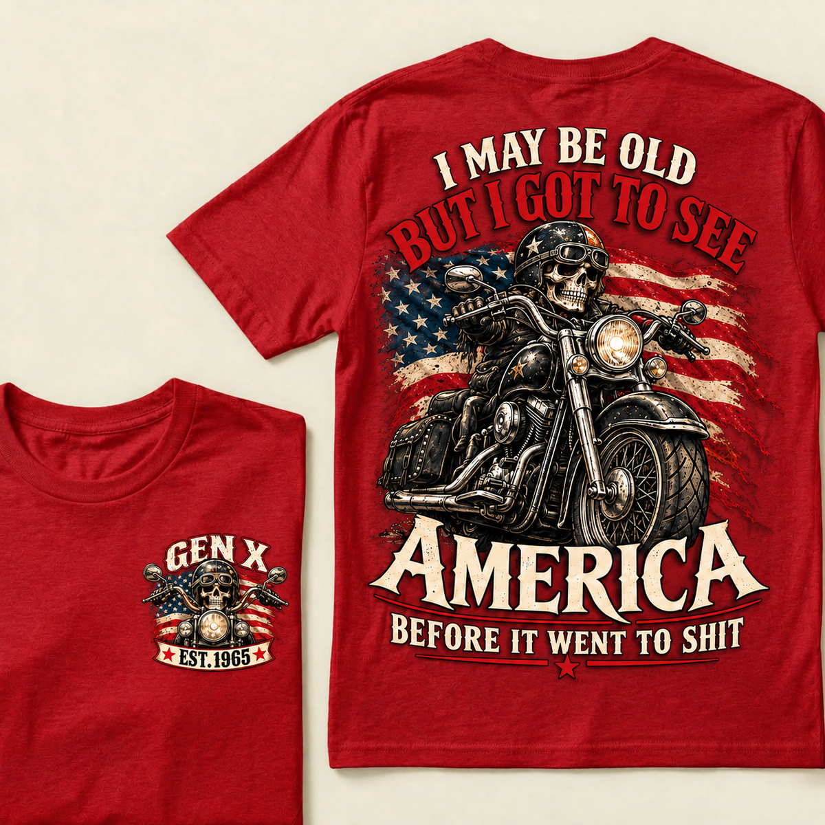 Funny Gen X Biker T-Shirt, Vintage Motorcycle Skull American Flag Tee, Retro 1965 Gen X Gift, Patriotic Biker Shirt