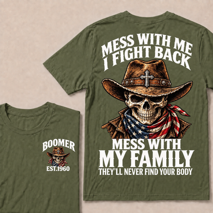 Mess With Me I Fight Back Custom Year Boomer Cowboy Skull American Flag Bandana T-Shirt