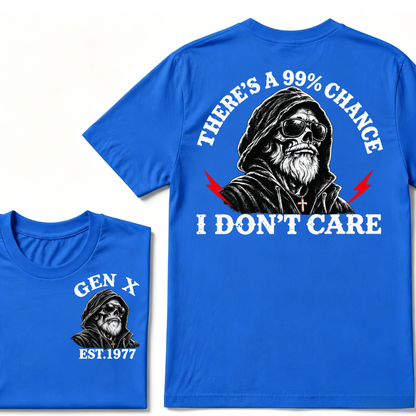 Gen X EST.Year There's A 99% Chance I Don't Care Bearded Skull Hooded Graphic T-Shirt