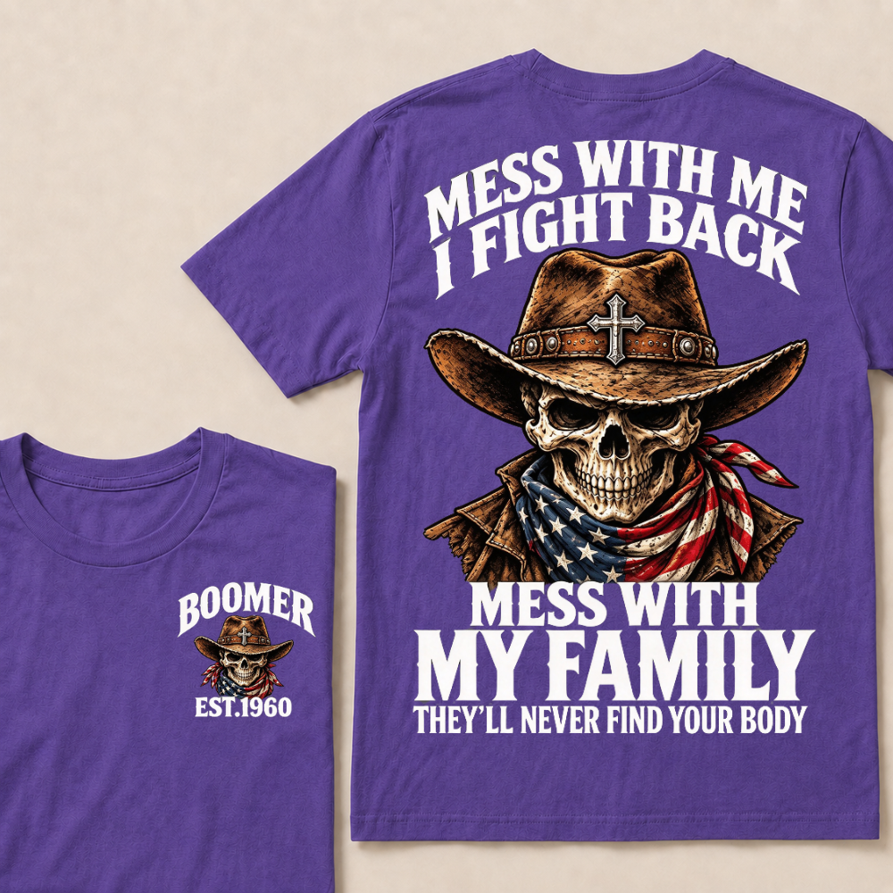 Mess With Me I Fight Back Custom Year Boomer Cowboy Skull American Flag Bandana T-Shirt