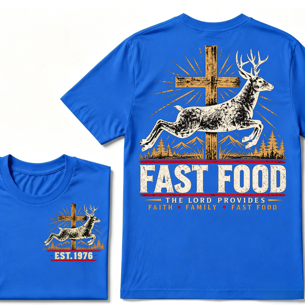 Faith Family Fast Food Deer Hunting T-Shirt, The Lord Provides Vintage Cross EST.Year Hunter Graphic Tee