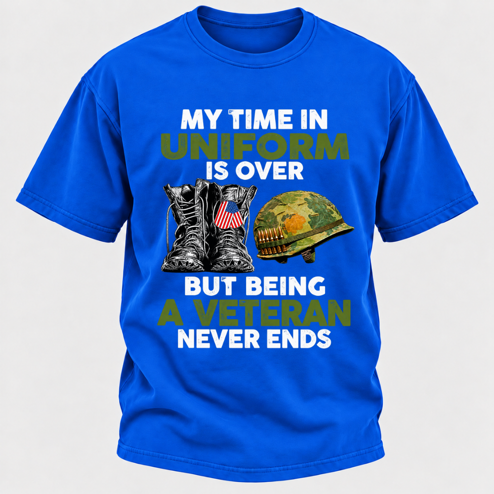 My Time In Uniform Is Over But Being A Veteran Never Ends Military Boots Helmet Graphic T-Shirt