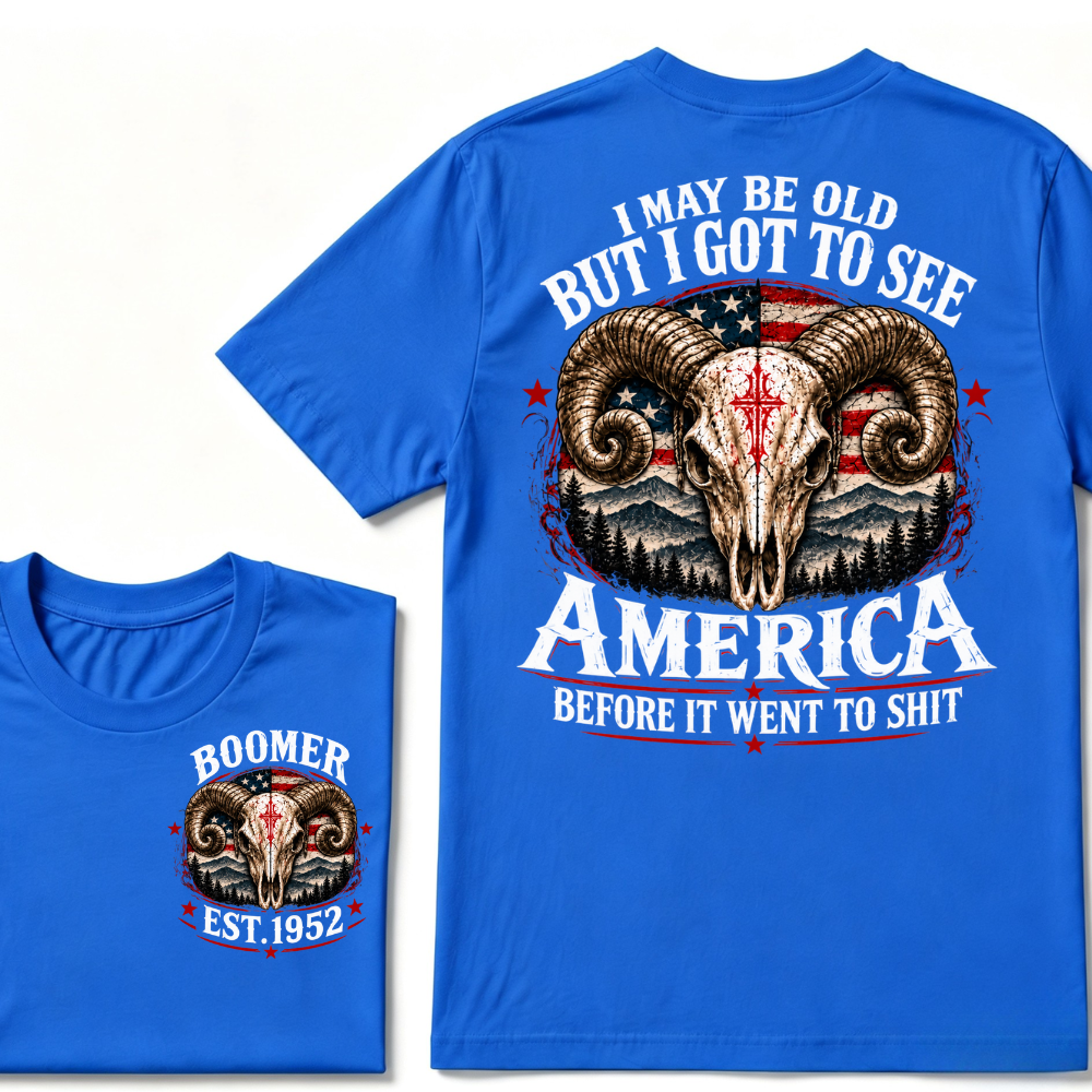 Boomer EST.Year Ram Skull American Flag I May Be Old But I Got To See America Vintage Graphic T-Shirt