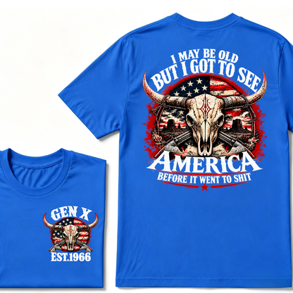 Gen X EST.Year I May Be Old But I Got To See America Longhorn Skull Western American Flag Graphic T-Shirt
