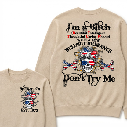 Gen X EST.Year Messy Bun American Flag Skull Low Tolerance Sarcastic Graphic Crewneck Sweatshirt