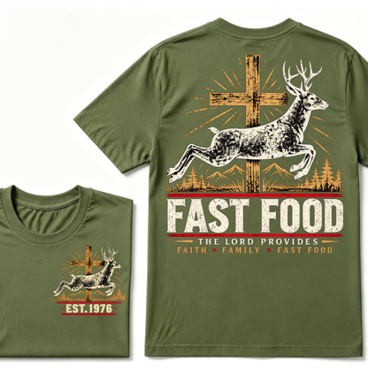 Faith Family Fast Food Deer Hunting T-Shirt, The Lord Provides Vintage Cross EST.Year Hunter Graphic Tee