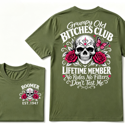 Boomer EST.Year Grumpy Old Club Sugar Skull Rose Butterfly Vintage Graphic T-Shirt