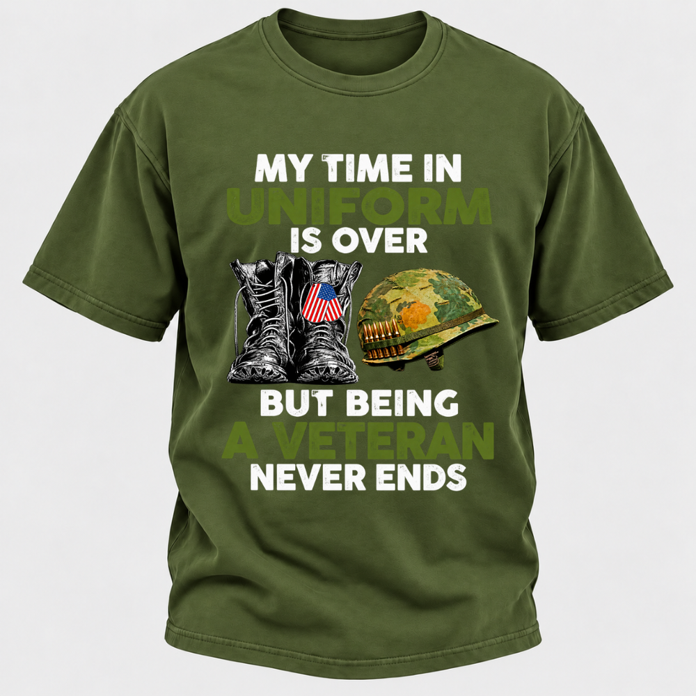 My Time In Uniform Is Over But Being A Veteran Never Ends Military Boots Helmet Graphic T-Shirt
