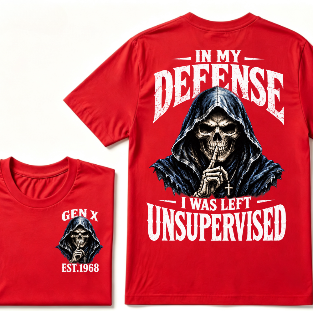 Gen X EST.Year Grim Reaper Skull In My Defense I Was Left Unsupervised Vintage Graphic T-Shirt
