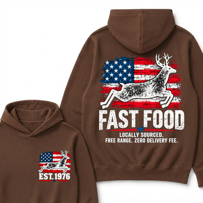 Fast Food Deer Hunting T-Shirt, Locally Sourced Free Range Zero Delivery Fee Vintage American Flag EST.Year Hunter Graphic Hoodie