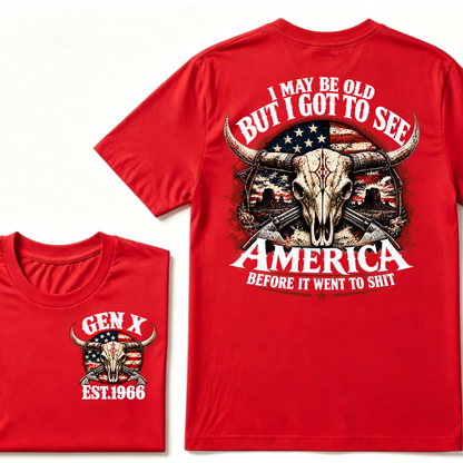 Gen X EST.Year I May Be Old But I Got To See America Longhorn Skull Western American Flag Graphic T-Shirt