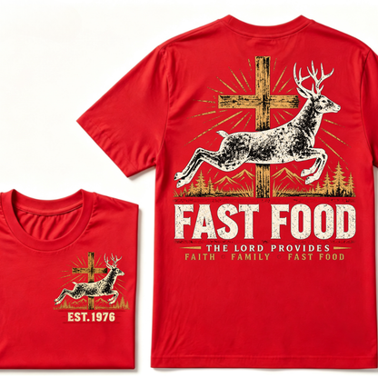 Faith Family Fast Food Deer Hunting T-Shirt, The Lord Provides Vintage Cross EST.Year Hunter Graphic Tee
